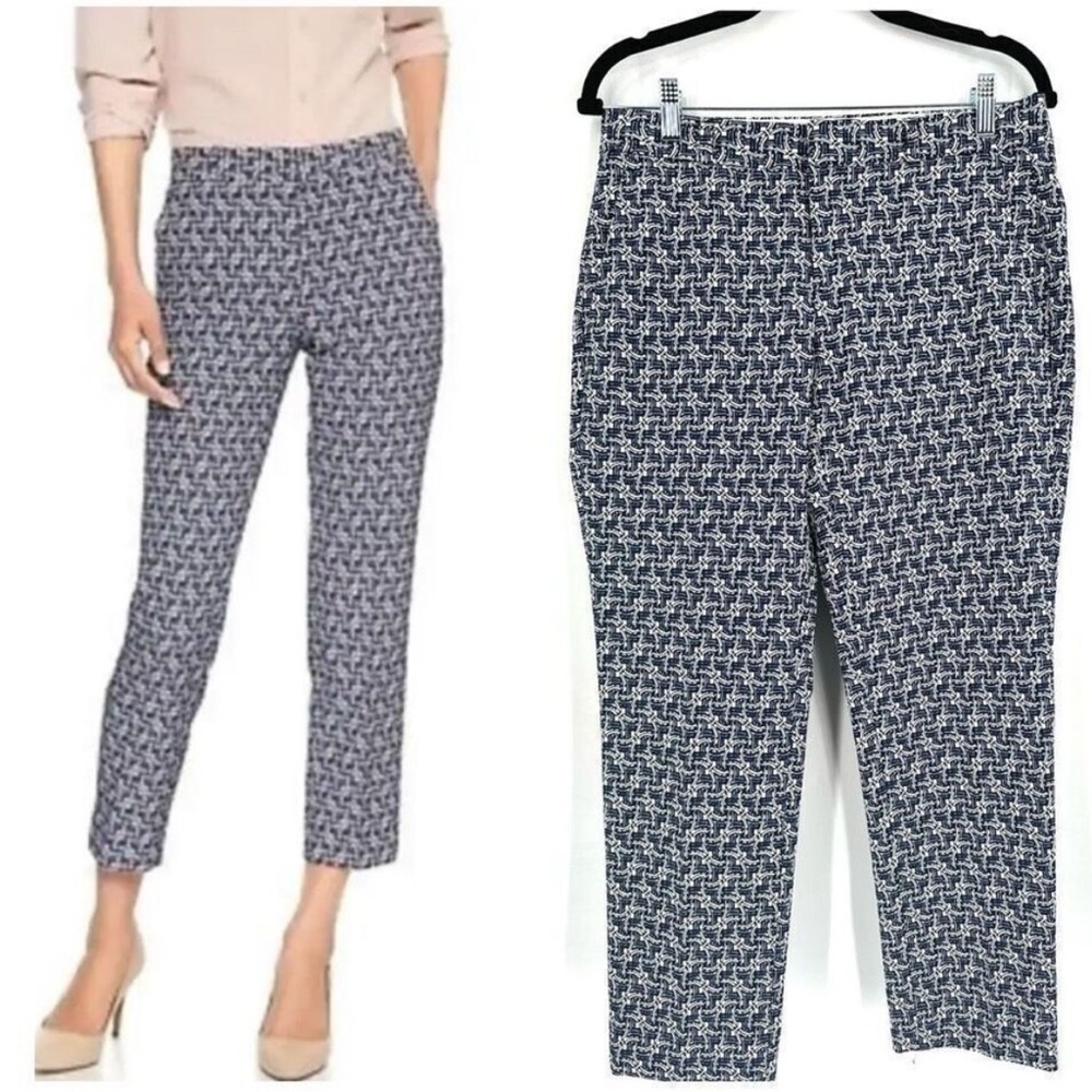 Anthropologie Avery Navy White Art Deco Jacquard Slim Ankle Pants
